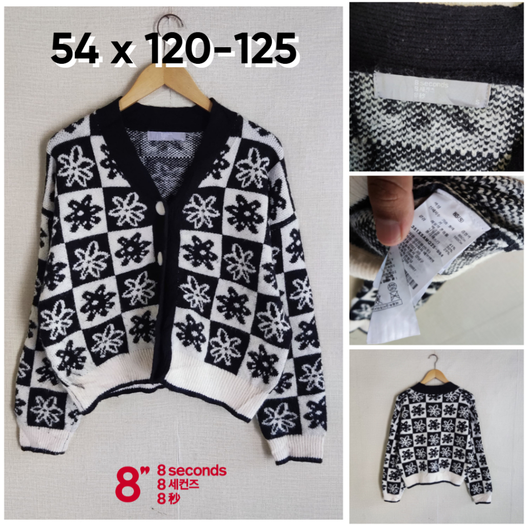 Cardigan Rajut 8 Seconds Hitam Putih Motif Bunga V Neck Size L Wanita Atasan Cewek Outer Knit Tebal 