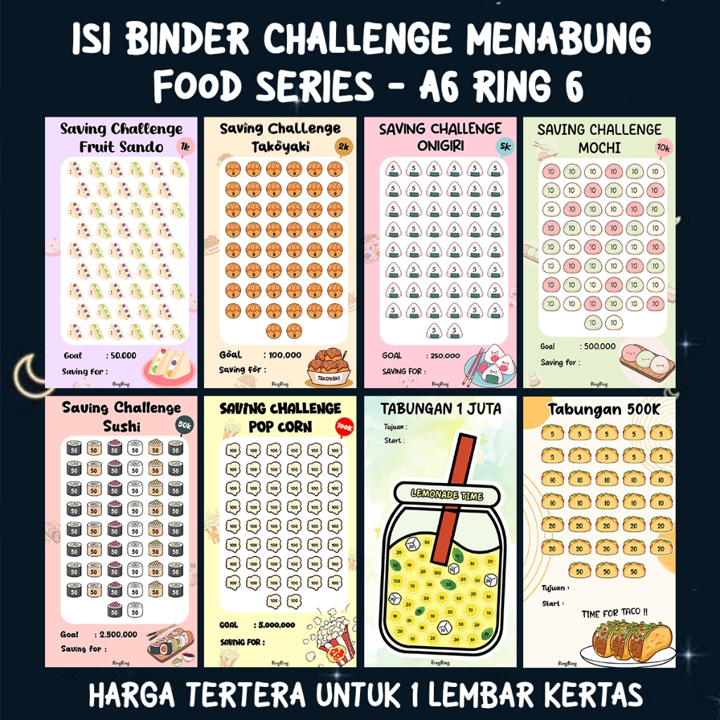 

ISI BINDER A6 Ring 6 Saving Challenge Menabung Food Series