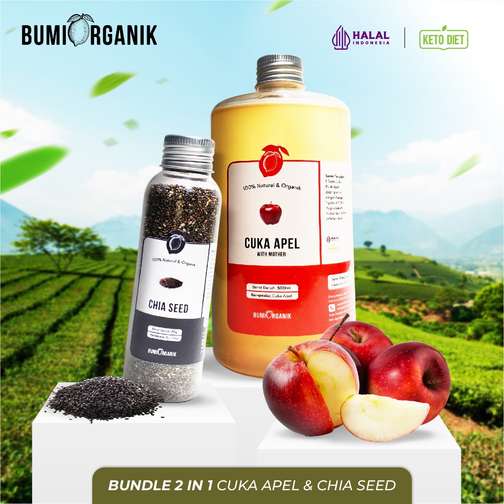 

PAKET 2 IN 1 CUKA APEL ORGANIK 500ML CHIA SEED BUMI ORGANIK / UNTUK DIET WAJAH LAMBUNG ORIGINAL HALAL BRAGG VINEGAR HEINZ ALAMI / APPLE CIDER VINEGAR WITH MOTHER DEHEALTH SW HEINZ BRAGG 946 NUTRILOGY OFFICIAL / CUKA APEL NUTRIFARM / DARI BUMI / BEORGANIK