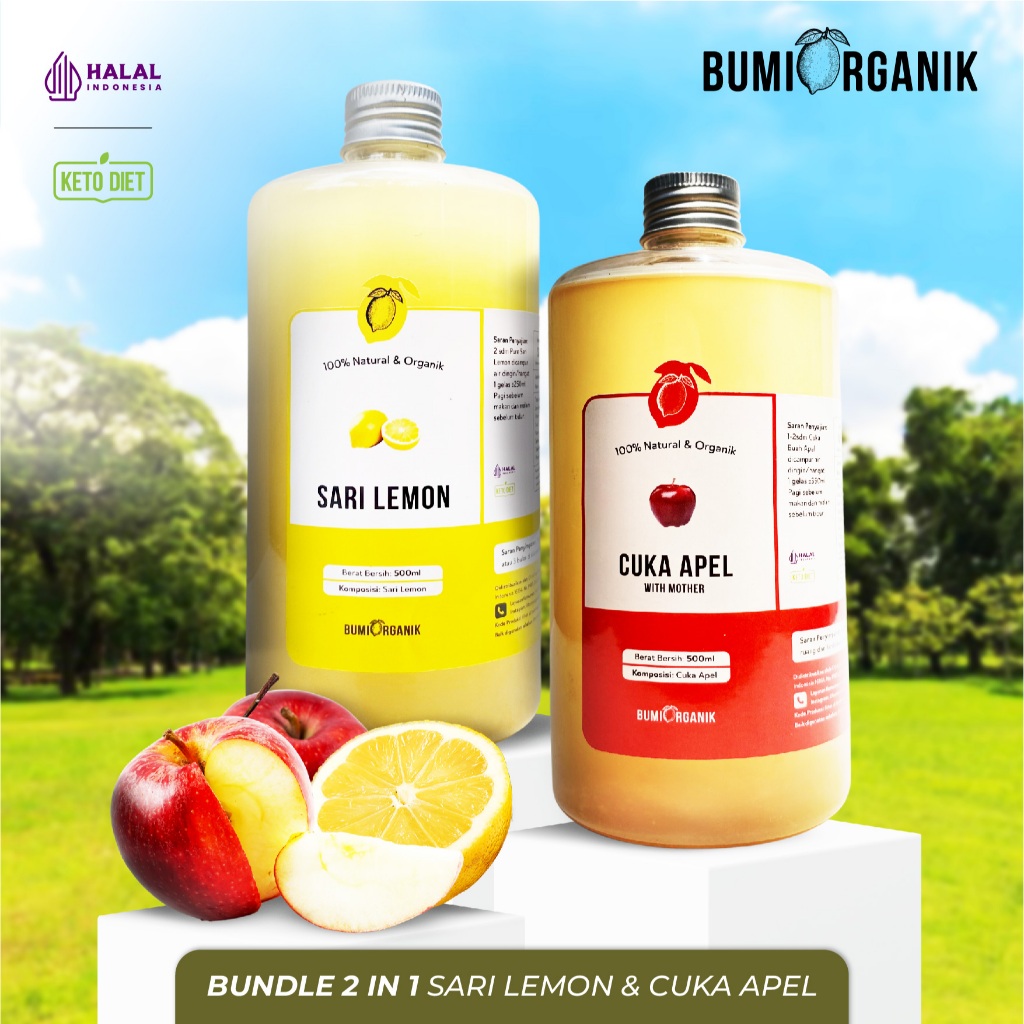 

CUKA APEL SARI LEMON PAKET 2 IN 1 ORIGINAL ORGANIK 500ML BUMI ORGANIK / APPLE CIDER VINEGAR / CUKA SARI APEL / SARI LEMON ASLI UNTUK DIET / SARI LEMON ASLI 100% / SARI LEMON ASLI BPOM / LEMON DIET DAN DETOX / NUTRIFARM DEHEALTH SUPPLIES DARIBUMI BEORGANIK