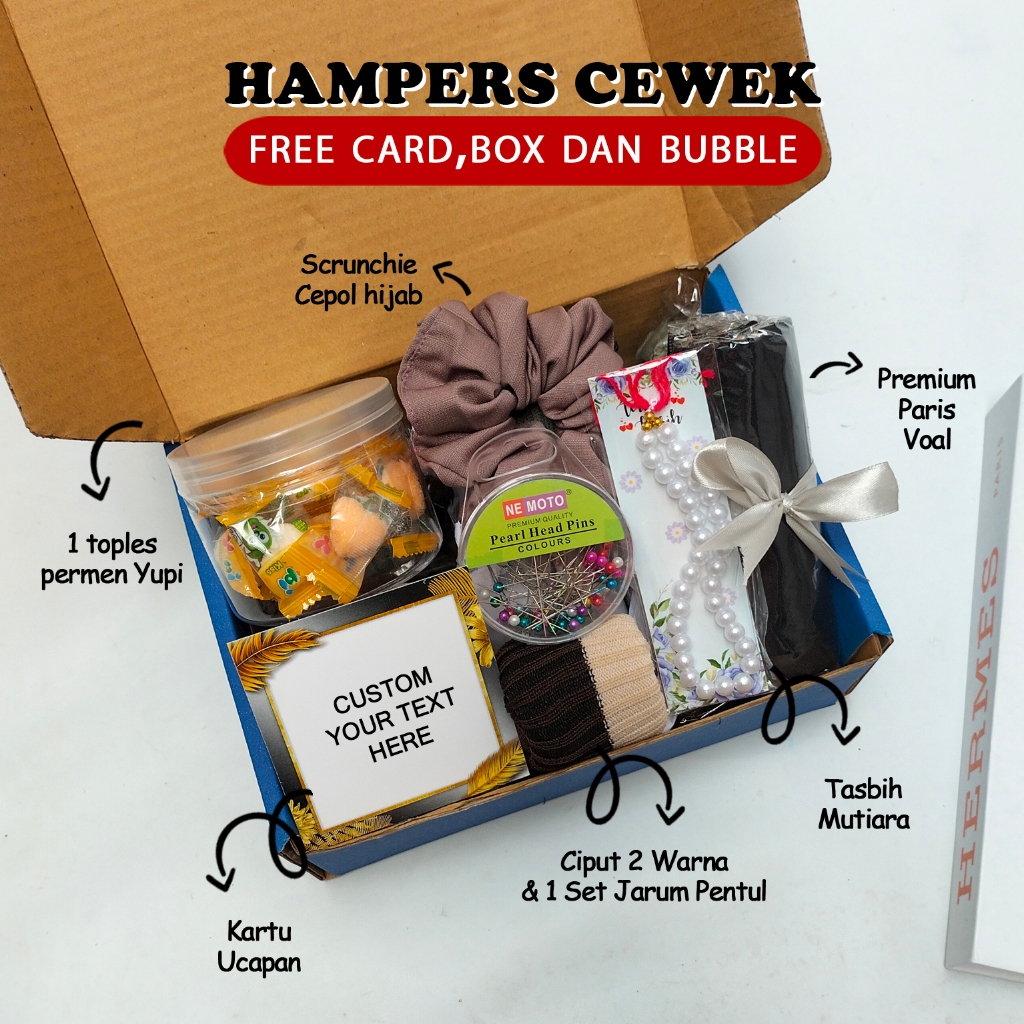 

Hampers jilbab gift set hijab cewek hadiah ulang tahun kado pernikahan anniversary graduation wisuda