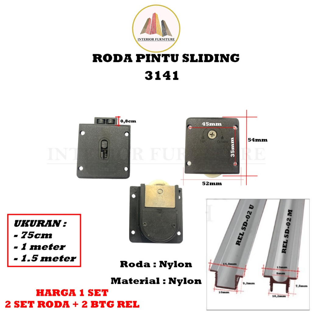 Roda Lemari Sliding SD 3141 + Rel Lemari Tanam Sliding SD 02 U & M (Isi 2 Set Roda + 2 Btg Rel)