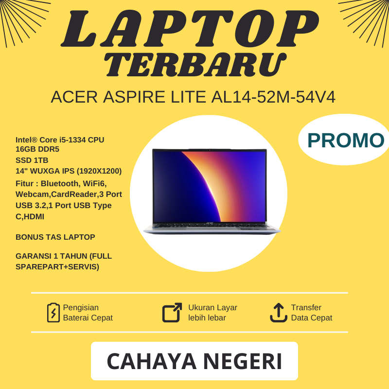 PROMO LAPTOP ACER AL14-52M-54V4 Intel core i5 gen 13 RAM 16GB SSD 1000GB LAYAR 14" WUXGA IPS + TAS