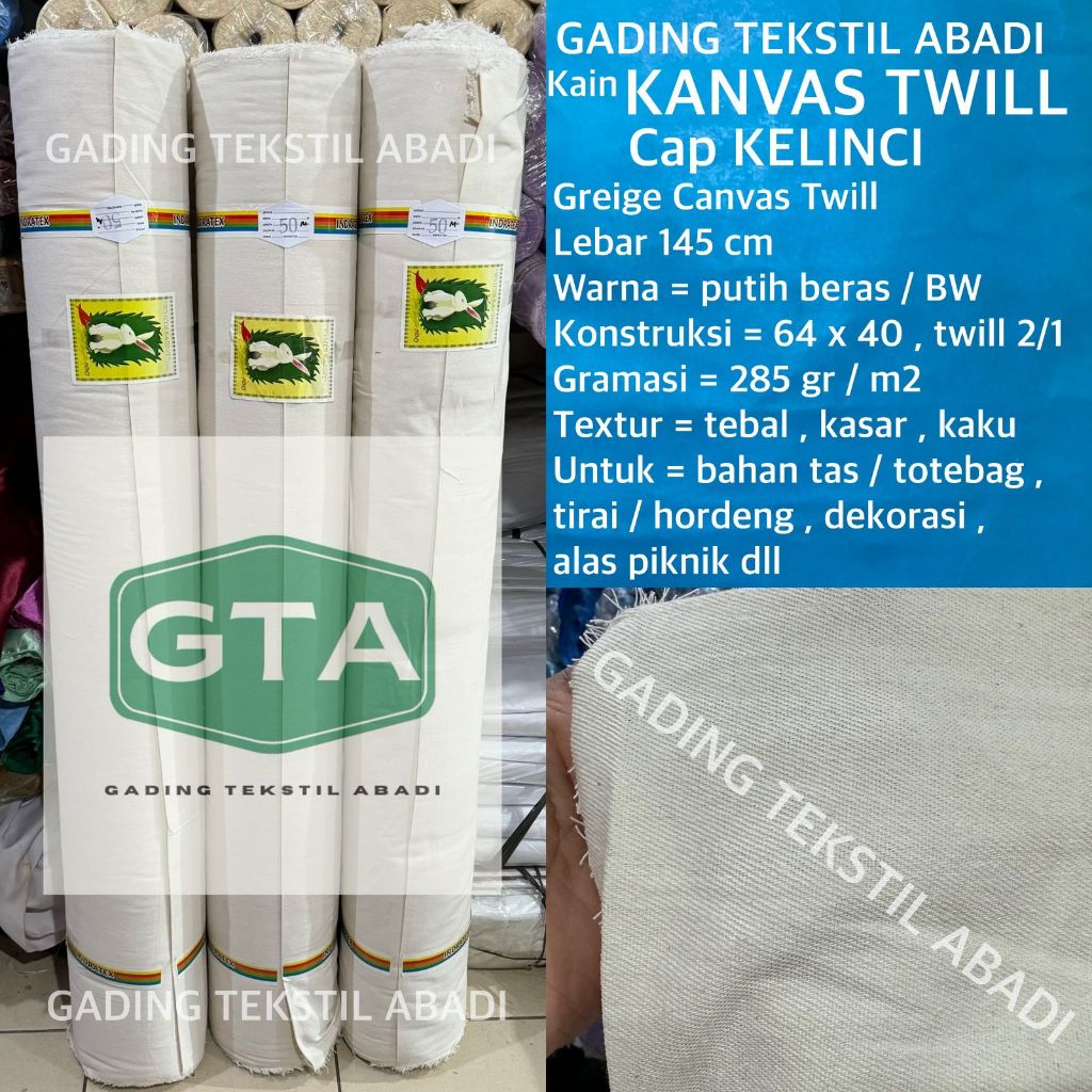 ( per setengah meter ) kain KANVAS TWILL cap KELINCI greige canvas lebar 145 cm katun polyester teba