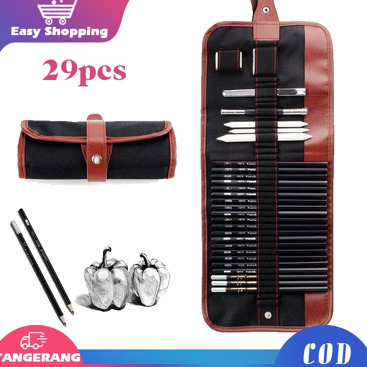 

Hadir Termurah set 29pcs Drawing Pencil SetPensil Gambar Sketsa Pisau PenghapusDengan Pouch Serut
