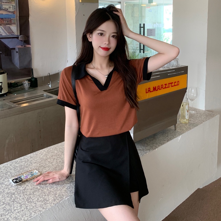 KODE Y14O Kaos WanitaTshirt BJ31 Baju Atasan V Neck Kerah Polos Short Sleeve Top Lengan Pendek Crop 