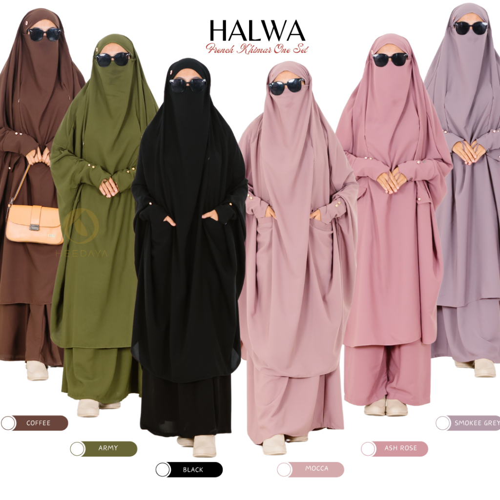 HEEDAYA Halwa French Khimar Syari All Size set rok manset jilbab tangan untuk umroh dan haji