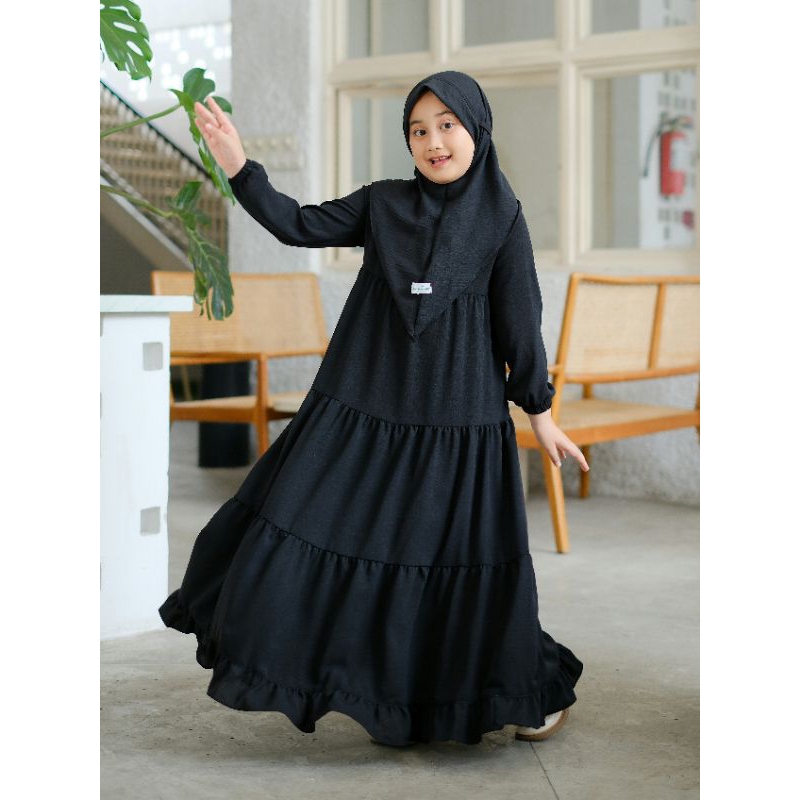 Baju Gamis Abaya Anak Perempuan Muslim Warna Hitam Polos Set Hijab Kekinian Crinkle Airflow Premium
