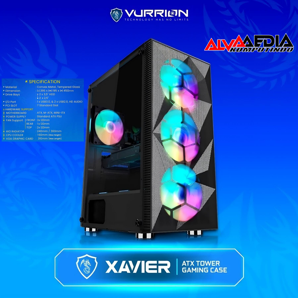 CASHING PC GAMING XAVIER BLACK + 3 FAN - ATX TOWER GAMING CASE | CASE PC GAMING XAVIER BLACK + 3 FAN
