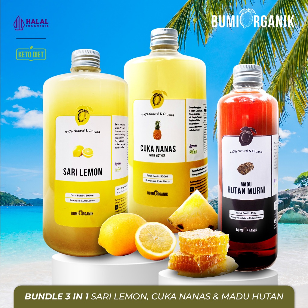 

PAKET 3 IN 1 CUKA NANAS SARI LEMON 500ML MADU HUTAN / MULTIFLORA BUMI ORGANIK UNTUK DIET WAJAH LAMBUNG ORIGINAL HALAL VINEGAR ALAMI PINEAPPLE CIDER VINEGAR WITH MOTHER MADU SUPER ASLI NUTRIFARM BEORGANIK DARIBUMI TAHESTA BRAGG HEINZ HNI ATTAUBAH ALHIDAYAH