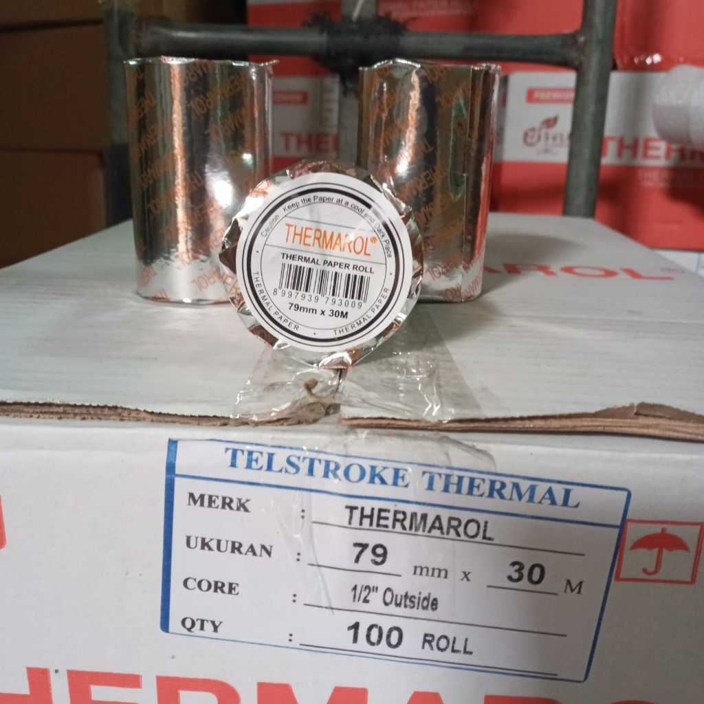 

Thermarol Kertas Thermal 79mm x 30M Core 1/2 inch 1 dus isi 100 roll