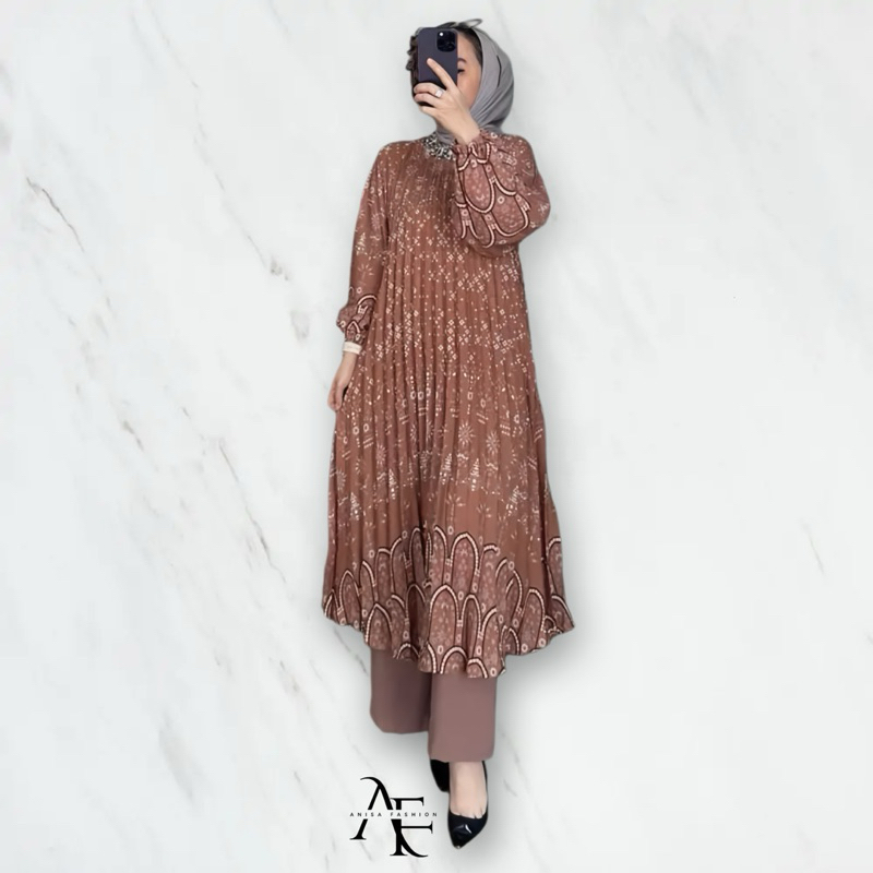 BESTPROMO ONE SET NAILA TUNIK PLISKET - SETELAN LONG TUNIK PLISKET MOTIF NEW CELANA CRINKLE PREMIUM