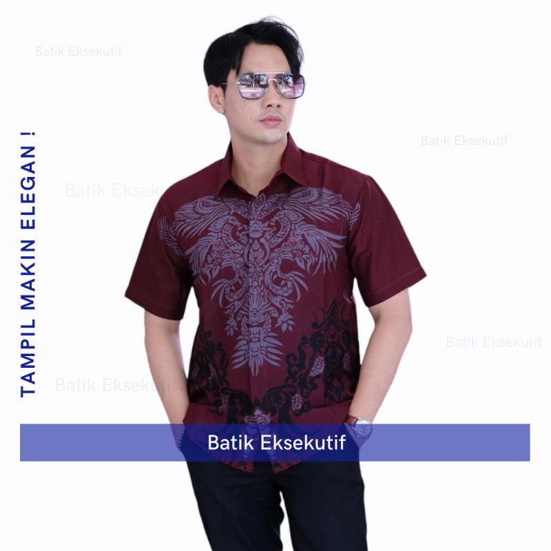 Hem Kemeja Baju Batik Pria Merah batik Laki Laki Slimfit Keris Full Lapis Furing Lengan PENDEK Moder