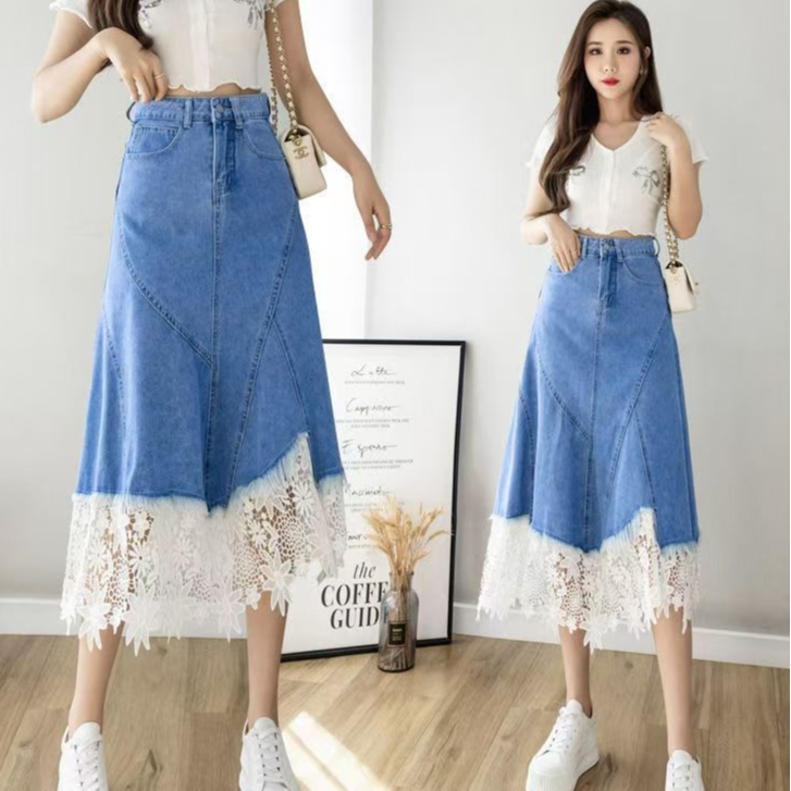Rok denim impor/rok denim renda//Rok panjang wanita Denim 2025/Rok kekinian ok jeans panjang7/9 impo
