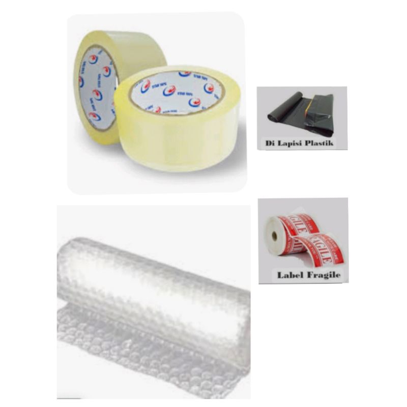 

packing, lakban, polymailer, label, bubble wrap (baca diskripsi say)