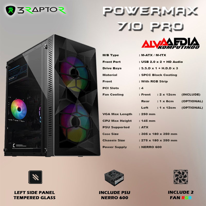 CASHING PC RAPTOR - POWERMAX CPM710 INCLUDE + FAN RGB 2PC | CASE PC RAPTOR POWERMAX CPM710 INCLUDE P
