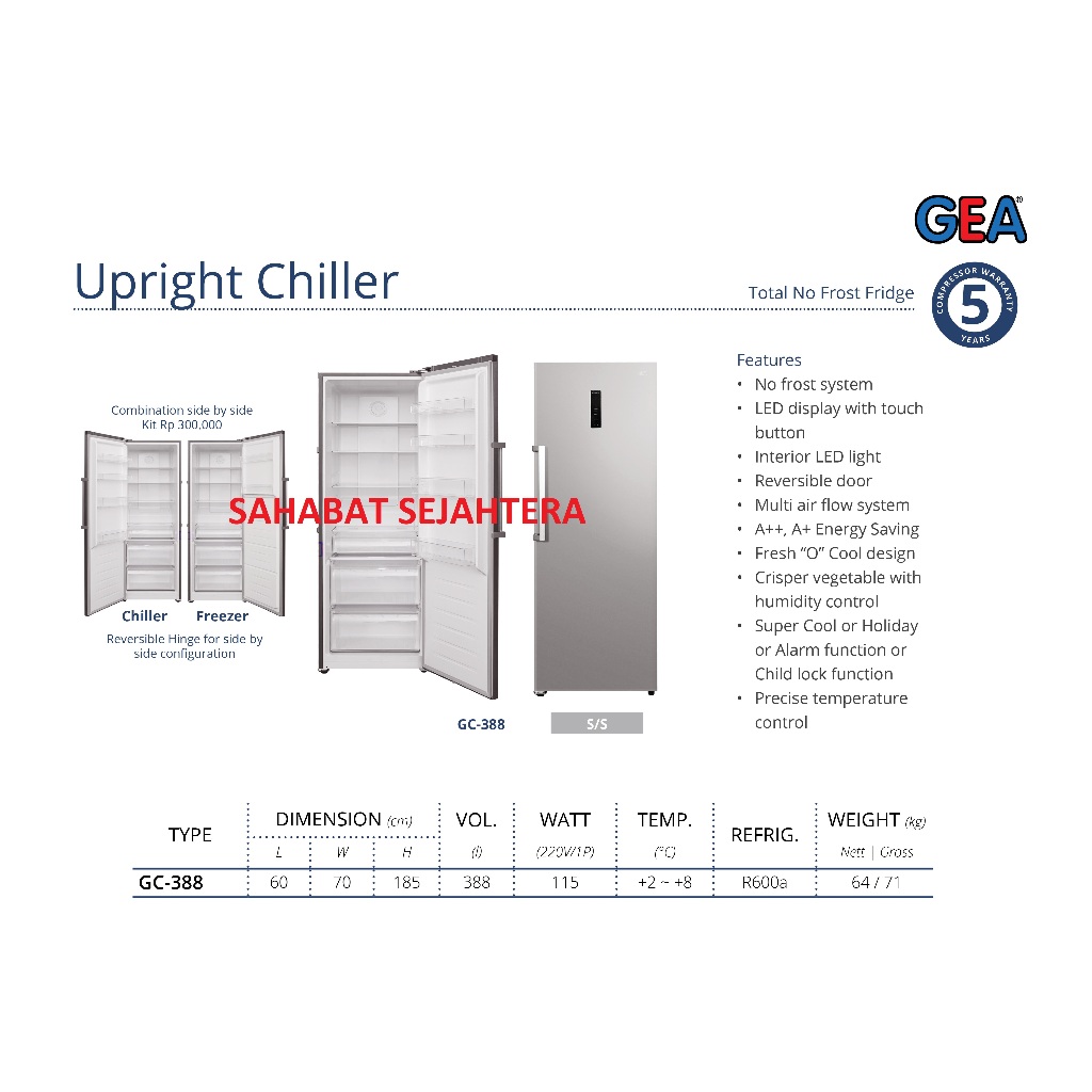 GEA Upright Chiller GC-388 Kulkas Berdiri 1 Pintu