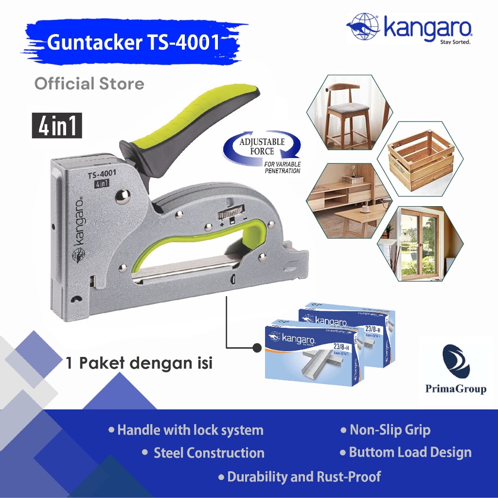 

( 1 PAKET GUNTACKER + ISI ) Alat Staples Tembak Jok Motor / Stapler Gun + Isi Staples 23/8 / Hekter Tembak / Stapler Kayu 3in1 / Guntacker 3way TS 4001 ( 4in1 ) Kangaro