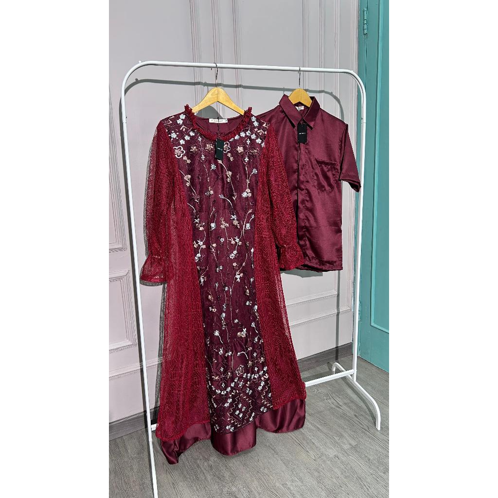 HANA COUPLE (HANA DRESS+KEMEJA KOKO) SATIN ROBERTO CAVALLY COUPLE KONDANGAN COUPLE PASANGAN