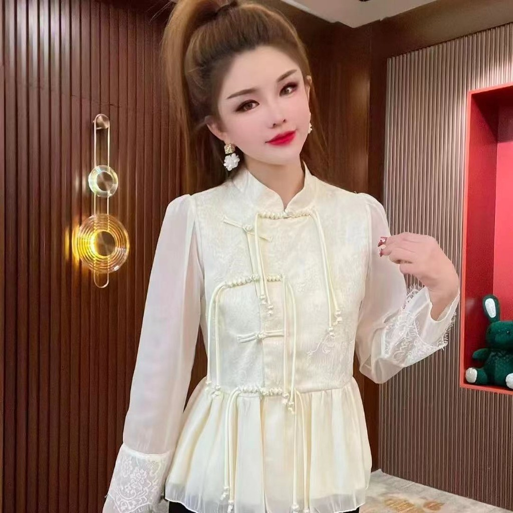 Baju Sifon Vintage Wanita, Atasan Kecil Cina Kancing Sifon Lengan Panjang