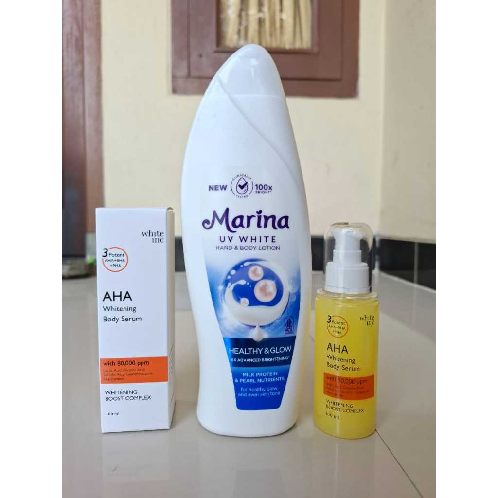 PAKET BESAR MARINA HEALTHY & GLOW 460ML | AHA whitening body serum white inc 100ml   MENCERAHKAN MEN