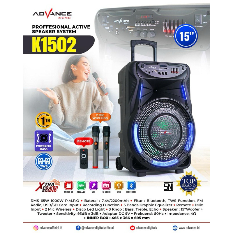 Speaker portable Advance K1502 bluetooth Free mic 2 pcs/ Speaker Karaoke Advance k1502