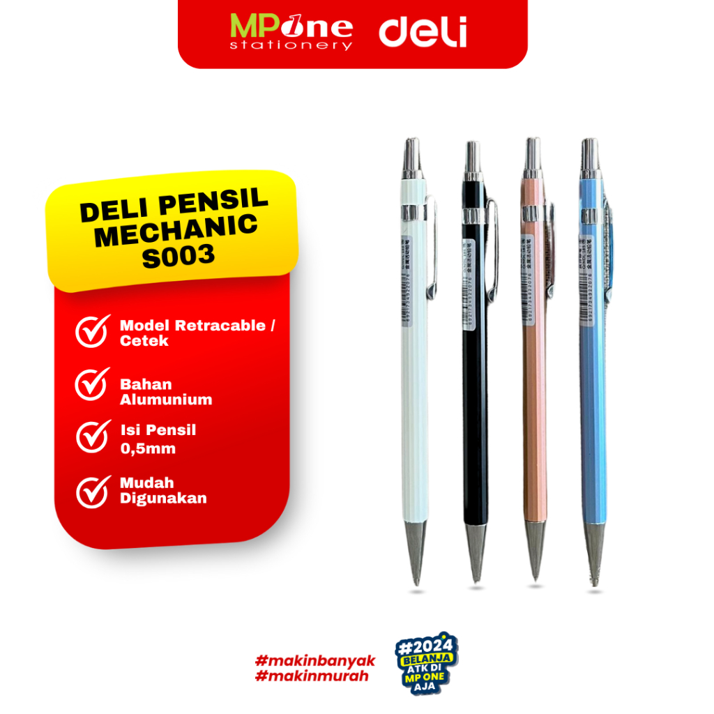 

(1 PCS) Deli Pensil Mekanik 0,5mm S003 Warna Metalik / Mechanical Pencil Klip Cetek Deli S003