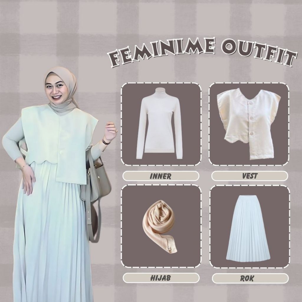 One set hijab ootd korean|outfit kampus (Vest wanita, Rok plisket, Manset, Bella square) -LU043