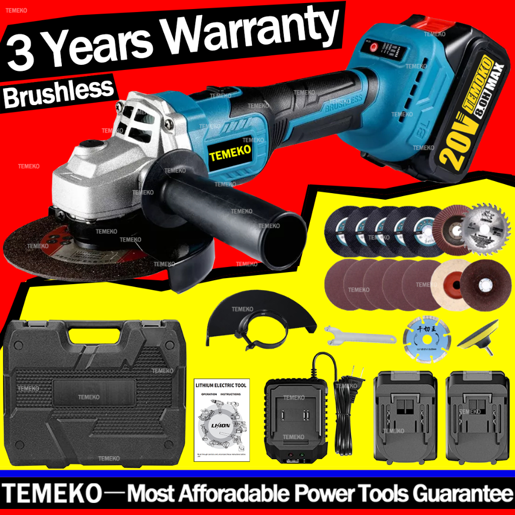 TEMEKO TE-801 【Brushless】 Gerinda 8.0H Baterai 4 Inch Mesin Gerinda Baterai Tangan Cordless Angle Gr