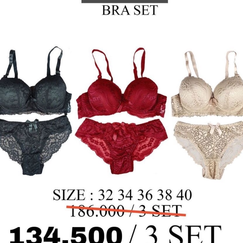 Terbaru 3 PCS BRA SET BH  CD CELANA DALAM CEWEK SETELAN IMPORT UKURAN 36  44