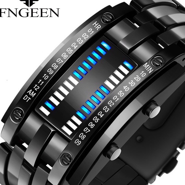 KODE Y68J FNGEEN Jam Tangan Pria Biner LED Ironman Fashion Keren Digital Bercahaya Stainless Steel O