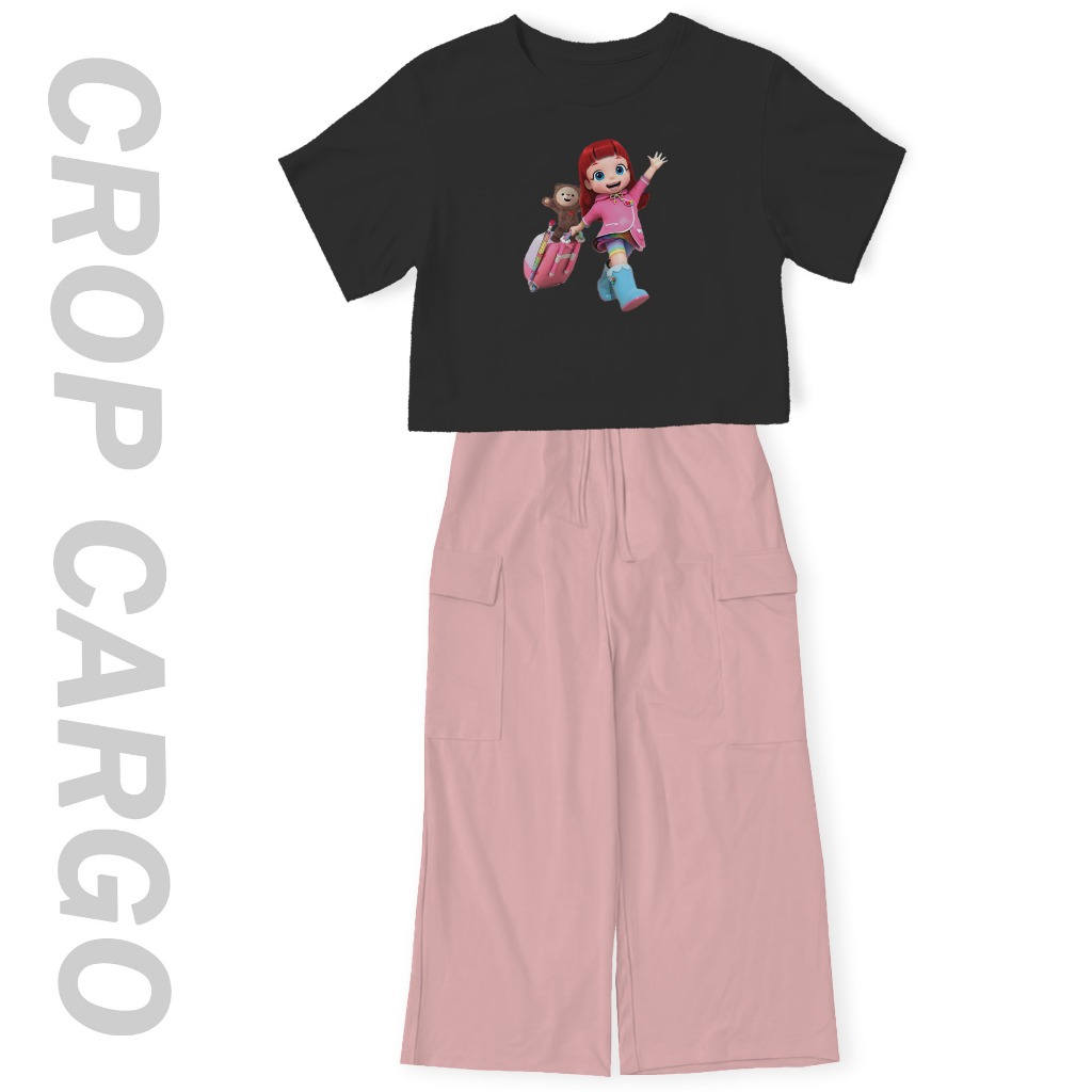 Setelan Crop Oversize Rainbow Ruby Koper Viral Celana Kargo Anak Perempuan Remaja 7-10Tahun