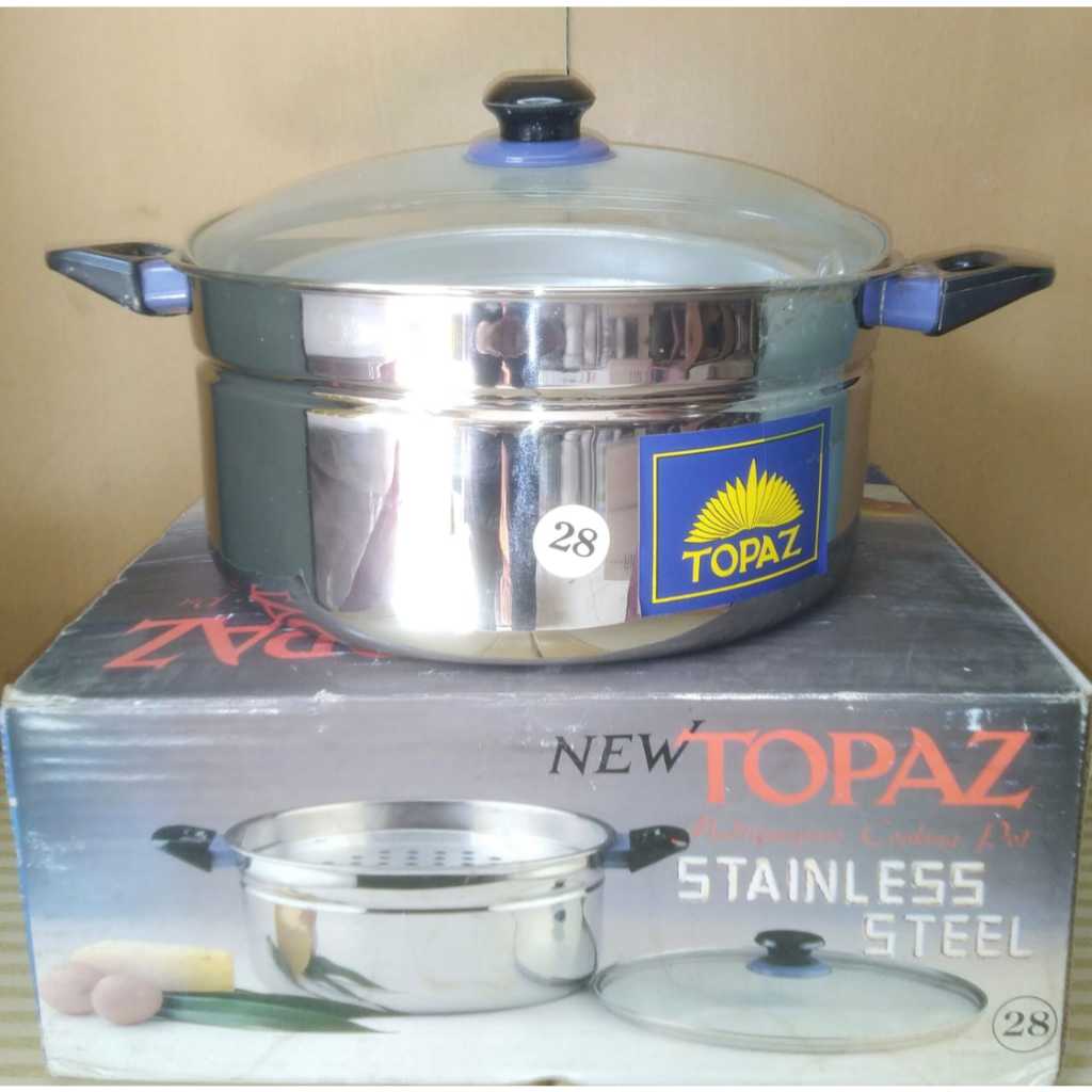 Panci Kukus Tutup Kaca / Steamer  Stainless steel 32cm - 28cm Tebal Anti Karat / TOPAZ