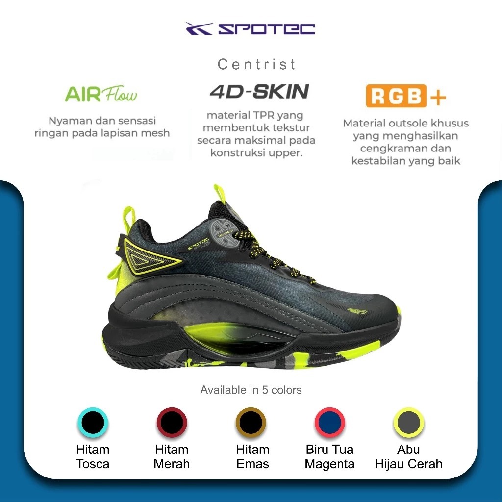 SPOTEC Sepatu BASKETBALL Artikel CENTRIST - Abu Hijau Cerah Spotec Original