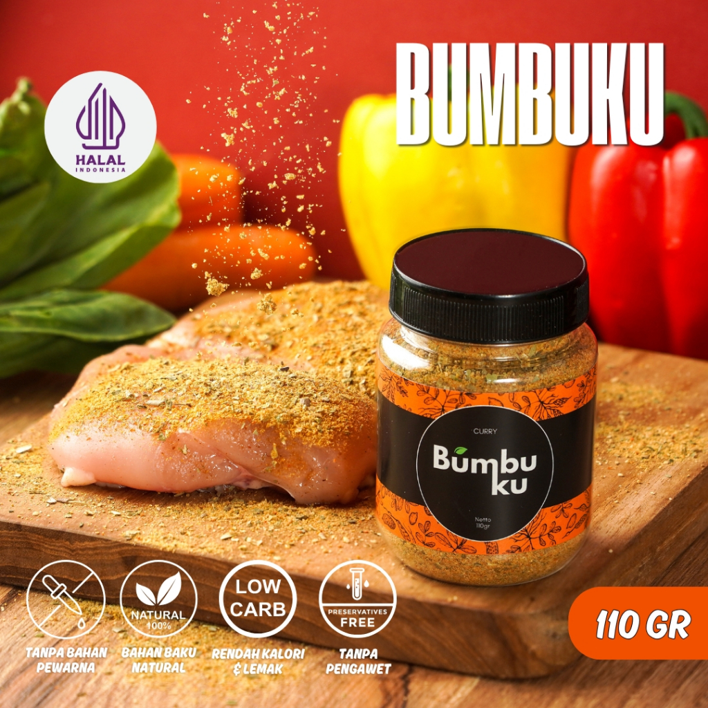 

BUMBUKU Bumbu Marinasi Rendah Kalori Untuk Berbagai Makanan Tanpa Bahan Pengawet Rasa CURRY -110gr