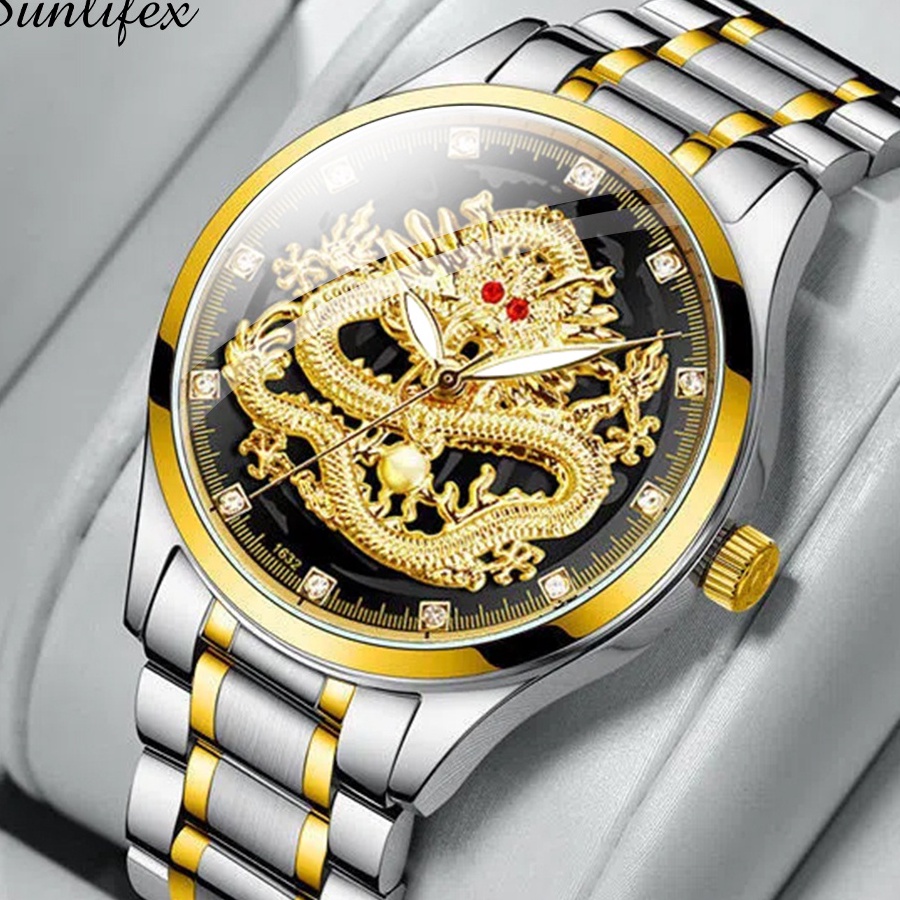 Sunlifex Jam Tangan Pria 92 Naga Emas Stainless Steel Quartz ginal Dragon Gold Kuning Jam Tangan Cow