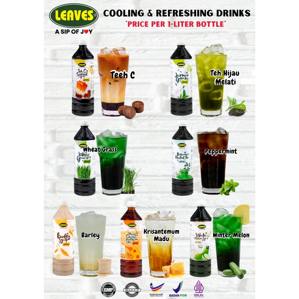 

MINUMAN LEAVES / SIRUP LEAVES / SIRUP KOPITIAM/ 1000ML/TEH C SPECIAL / HONEY CHRYSANTHEMUM TEA / JASMINE GREEN TEA / BARLEY / WHEATGRASS / PEPPERMINT HERBAL TEA / WINTER MELON /