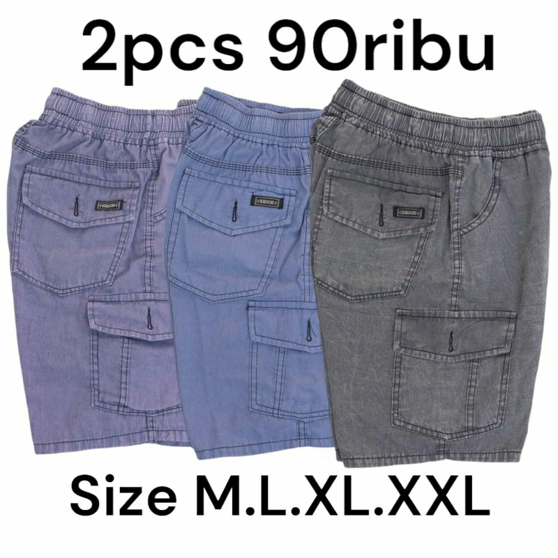 2PCS CELANA PENDEK JEANS CARGO PRIA DEWASA PINGGANG KARET ELASTIS | CELANA PENDEK CARGO COWOK