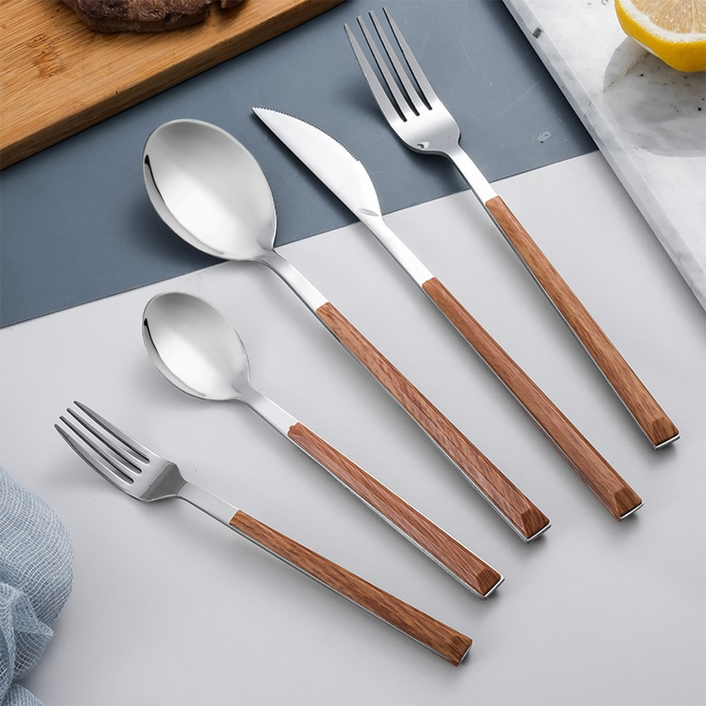 Sendok Garpu Stainless Steel Korea Handle Kayu / Alat Makan Sendok Garpu Gagang Kayu Wood Grain Spoo