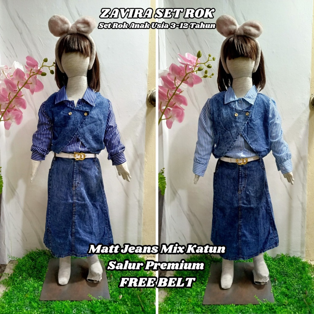 Set Rok Zavira Anak Perempuan Free Belt Model Rok Jeans Belah Bahan katun Salur Mix Jeans Premium Im