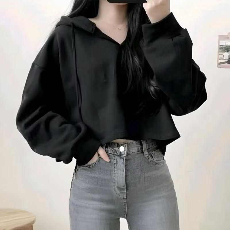 Hoodie Crop Wanita Belah Dada - Sweater Crop Top Oversize Wanita Polos Korean