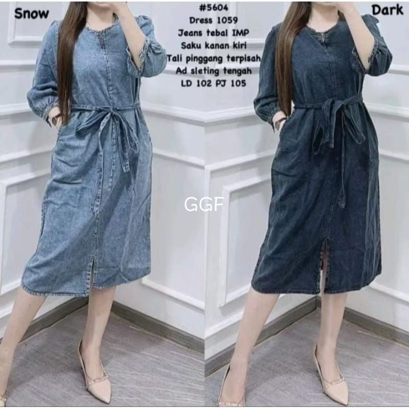 GGF Dress Wanita Jeans Denim Ld102 pj105 ada ikat pinggang lengan 3/4 ada slit tengah