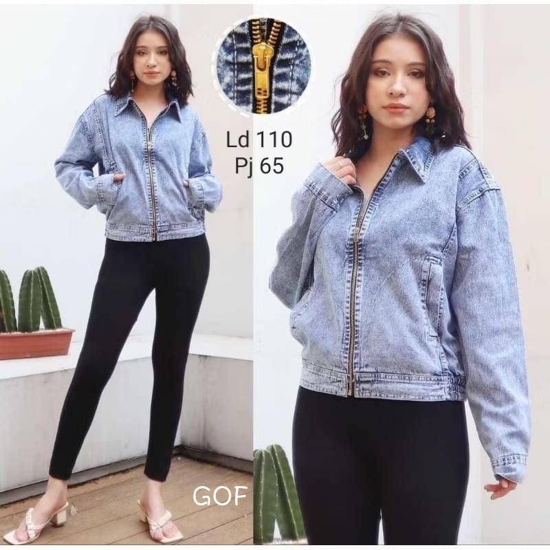GOF jaket wanita jeans Denim LD110 pj65 full resleting ada kerah ada saku