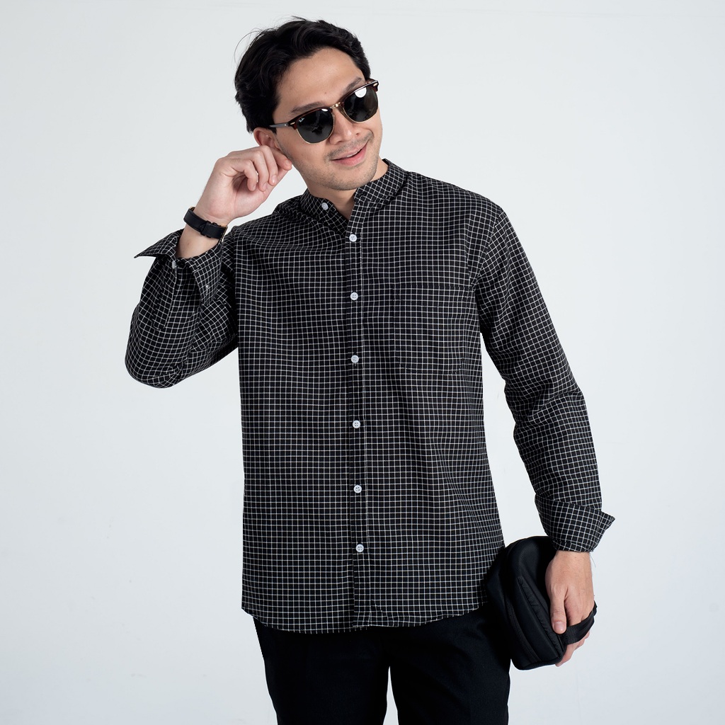 Kemeja Koko Pria WOODCUTTER Plaid Collarless Shirt Shanghai Kotak Garis - Black Hitam Lengan Panjang