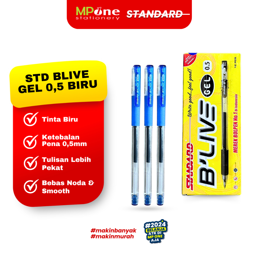 

(1 PCS) Standar Pena B'Live Gel Tinta Biru 0,5mm / Pulpen Gel isi 12 Pcs 0,5mm STD BLIVE