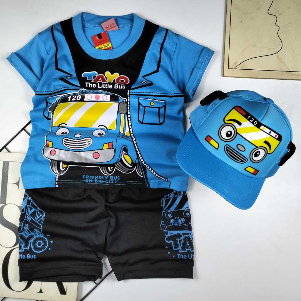 Stelan baju kaos/baju kaos anak/baju anak laki dan perempuan/baju anak Tayo biru resleting
