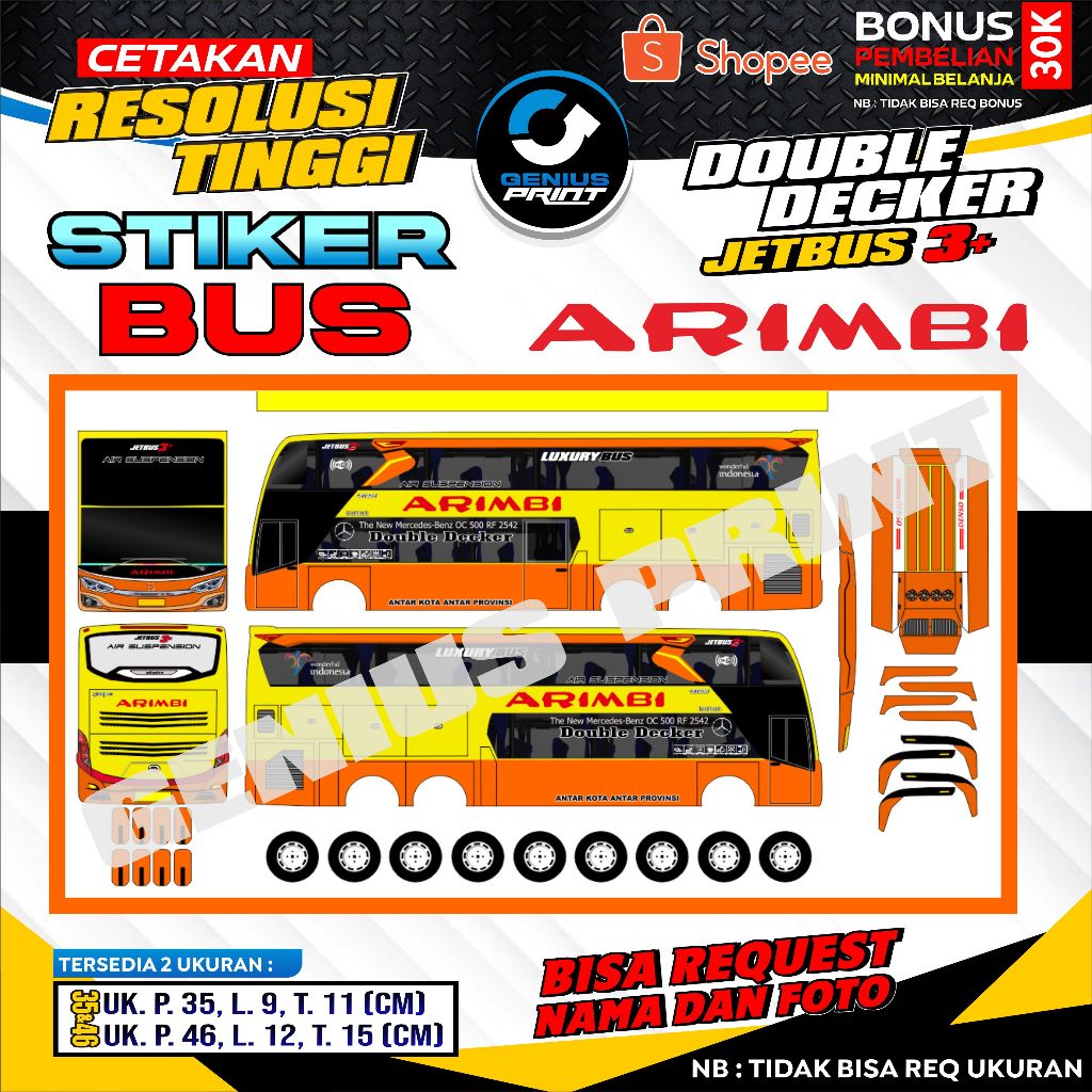 Stiker Mainan Miniatur Bus DOUBLE DECKER JETBUS 3+ Livery Arimbi | Blue Star | Budiman | Dedy Jaya |