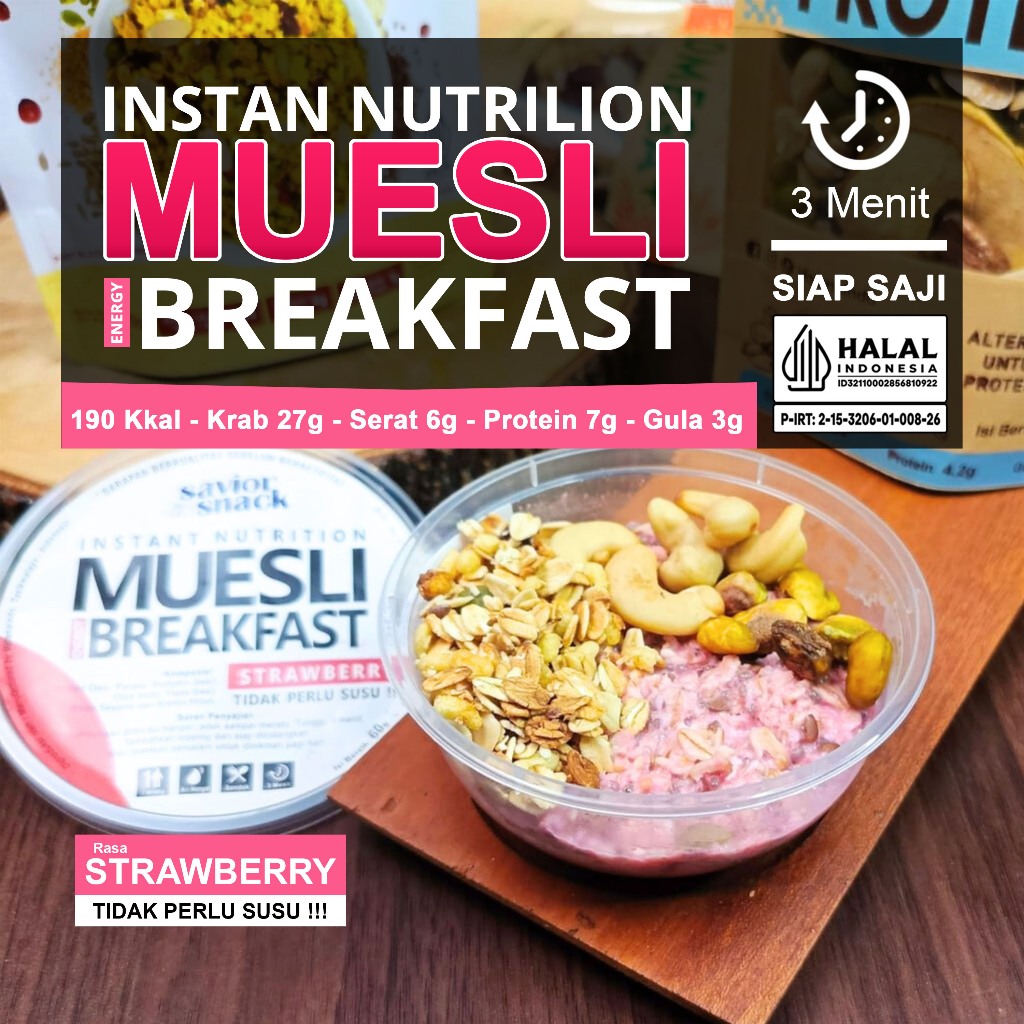 

Muesli Rasa Strawberry 3 Menit Siap Saji Tidak Perlu Susu, Overnight Oats Oatmeal menu Sarapan Praktis Rendah Kalori Untuk Diet | Savior Snack