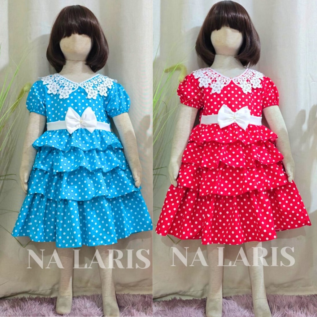 DRESS ANAK PEREMPUAN/DRESS POLKADOT  KANIA HITAM/MODEL KERAH BULAT TEMPEL RENDA BAHAN KATUN MIX BRUK
