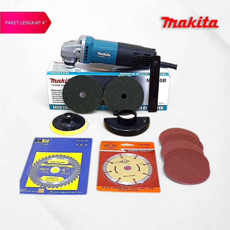 Paket Lengkap Mesin Gerinda Tangan MAKITA 4"inch  M0910B Bonus Mata Potong Besi+Mata Potong Kayu 4"x